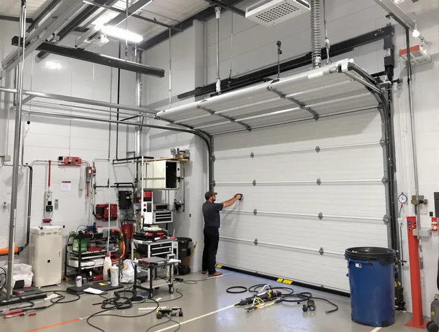 Shaker Heights Garage Door Repair certified technician performing commercial door repair at a Shaker Heights business facility