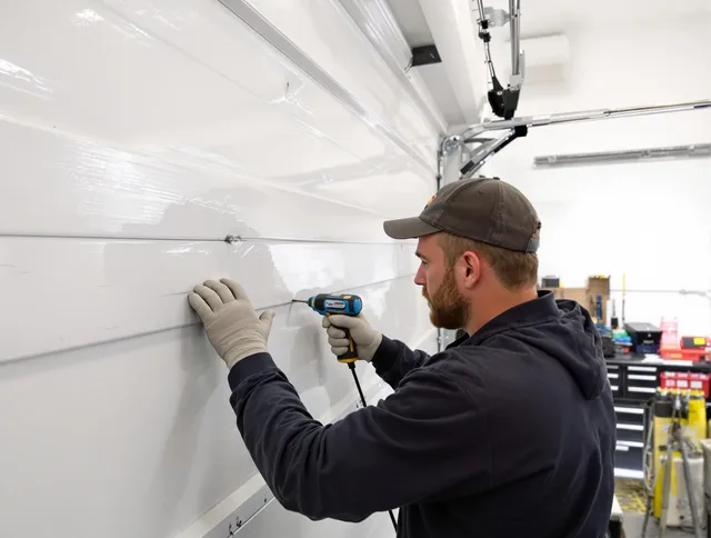 Shaker Heights Garage Door Repair technician demonstrating precision dent removal techniques on a Shaker Heights garage door