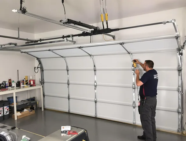 Shaker Heights Garage Door Repair certified technician performing overhead door system repair in Shaker Heights