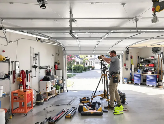 Shaker Heights Garage Door Repair specialist performing laser-guided track alignment in Shaker Heights